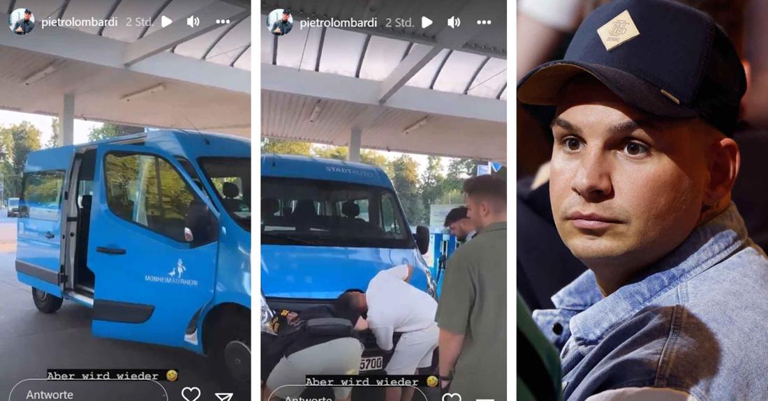 Pietro Lombardi schaut erschrocken und Leute stehen um blauen Transporter herum