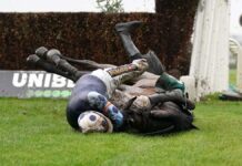 Accident in horse racing: falling horse triggers chain reaction
