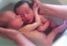 The relaxing bath of newborn twins that simulates their life inside the womb